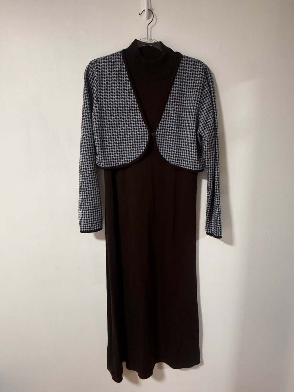 Lennie for Nina Leonard Houndstooth Bolero and Brown Maxi Sweater Dress Set